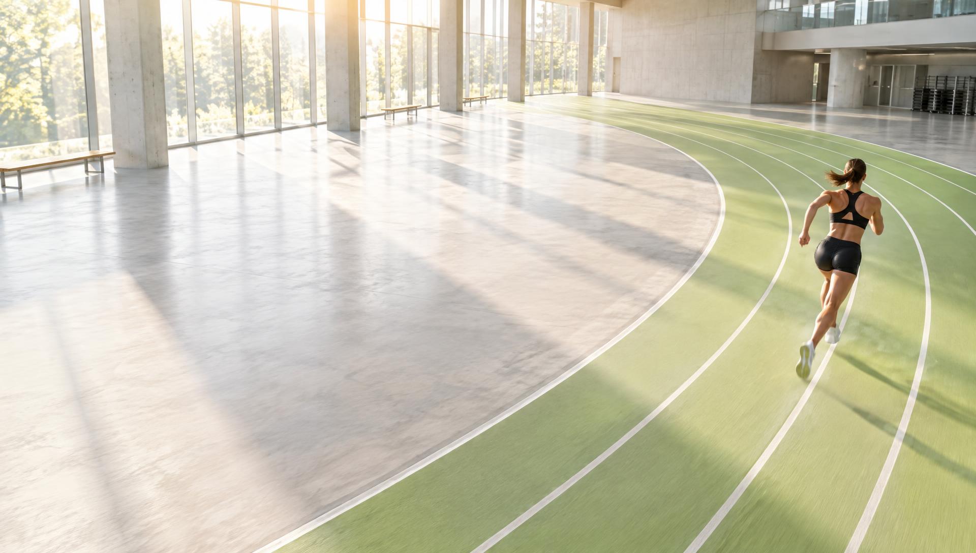 Athlete sprinting around a bright indoor running track